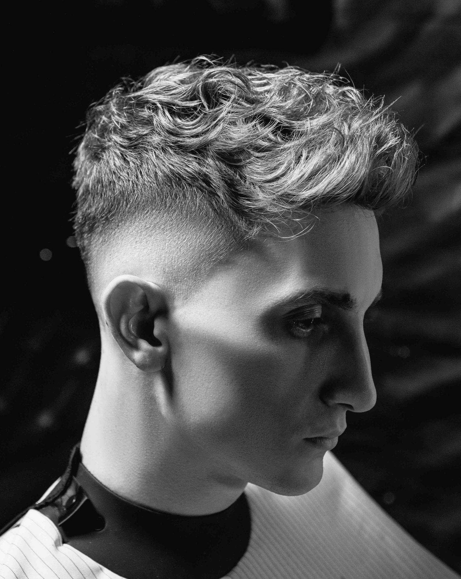 Black and white profile of a curly top with a high fade